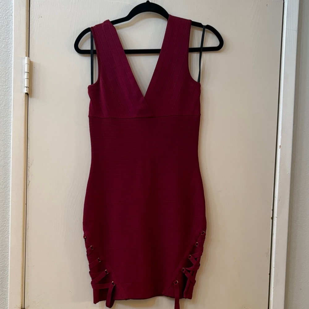 bebe Burgundy Mini cocktail dress with Lace-Up Detail